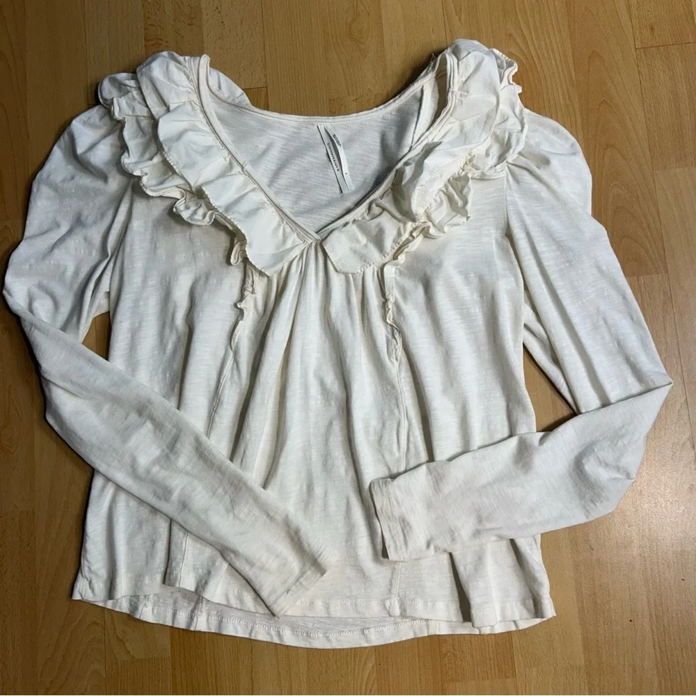 Anthropologie Cream‎ Ruffled V-Neck Puff Shoulder Blouse Cotton Small